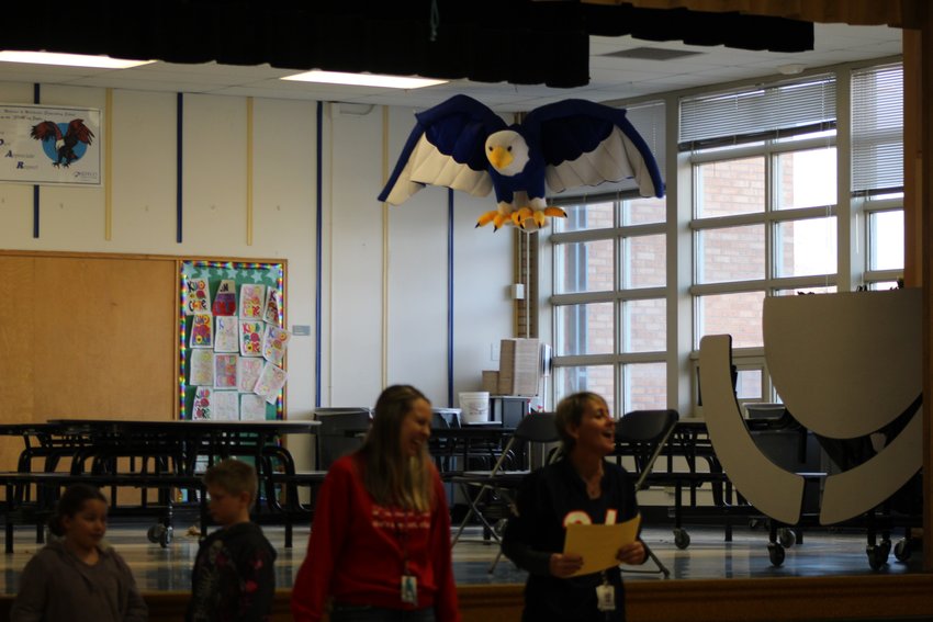 Welchester Elementary School's eagle mascot watches over a Dec. 2 assembly. Staff announced the school's recent Bright Spot Award to the students on Dec. 2.